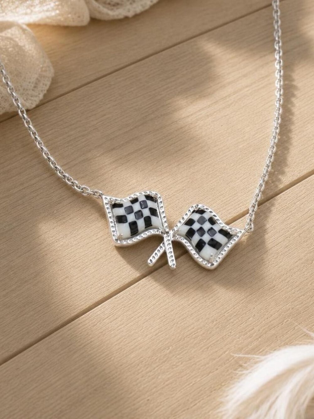 Kendra Scott Checkered Flag Silver Pendant Necklace - Picture 2 of 2